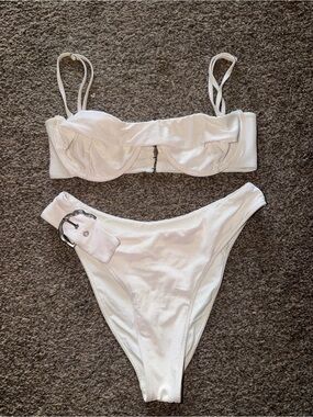 Revel Rey White Iridescent Underwire Bikini with Silver Buckle